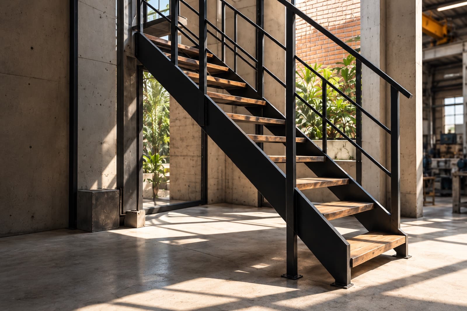 Escalera metálica con peldaños de madera